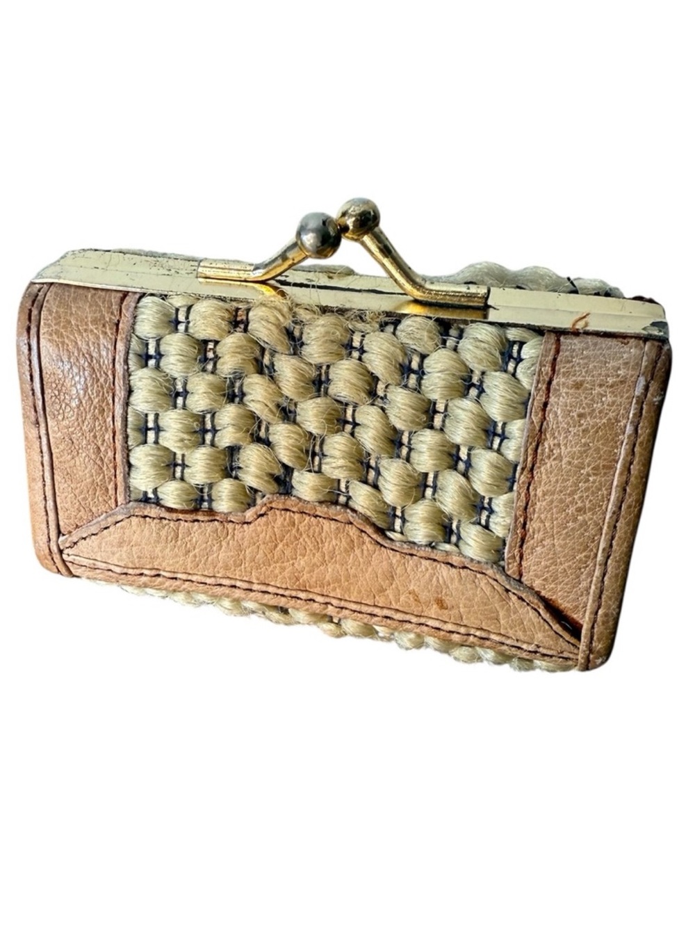 Small Vintage Coin Change Purse Pouch Woven Weave Leather Trim Kiss Lock *Flaw